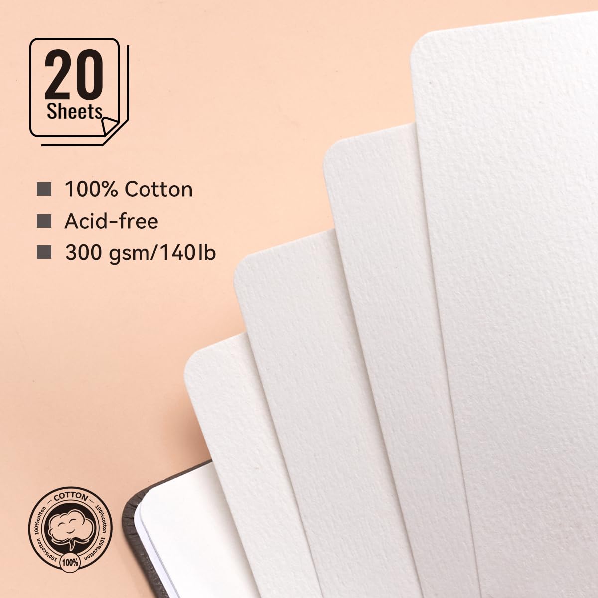 Lightwish Square Watercolor Sketchbook,2 Pack Total 40 Sheets,100% Cotton,300gsm/140lb,Acid-Free,Cold Press Watecolor Paper Journal for Artists Adults Students,7.48 * 7.48 Inches