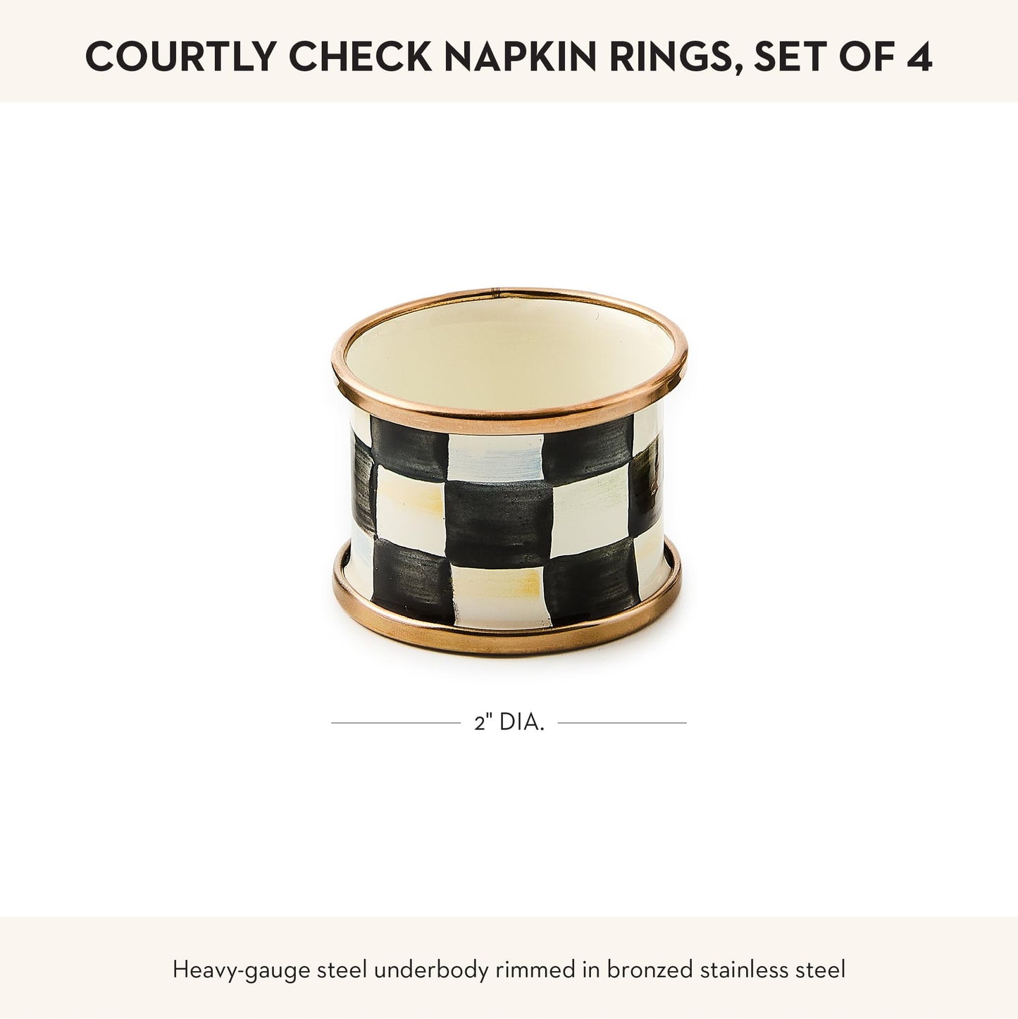 MACKENZIE-CHILDS Courtly Check Enamel Napkin-Ring Set, Black-and-White Napkin-Holder Ring for Cloth Napkins, Set of 4