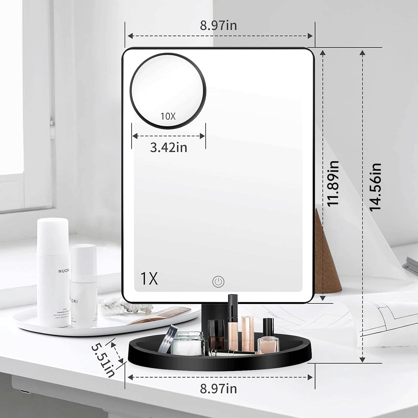 FUNTOUCH Large Lighted Vanity Makeup Mirror with Lights, 3 Color Lighting Modes Light Up Mirror with 88 LED, 360° Rotation Touch Screen and 10X Magnification Tabletop Cosmetic Make Up Mirror (Black)