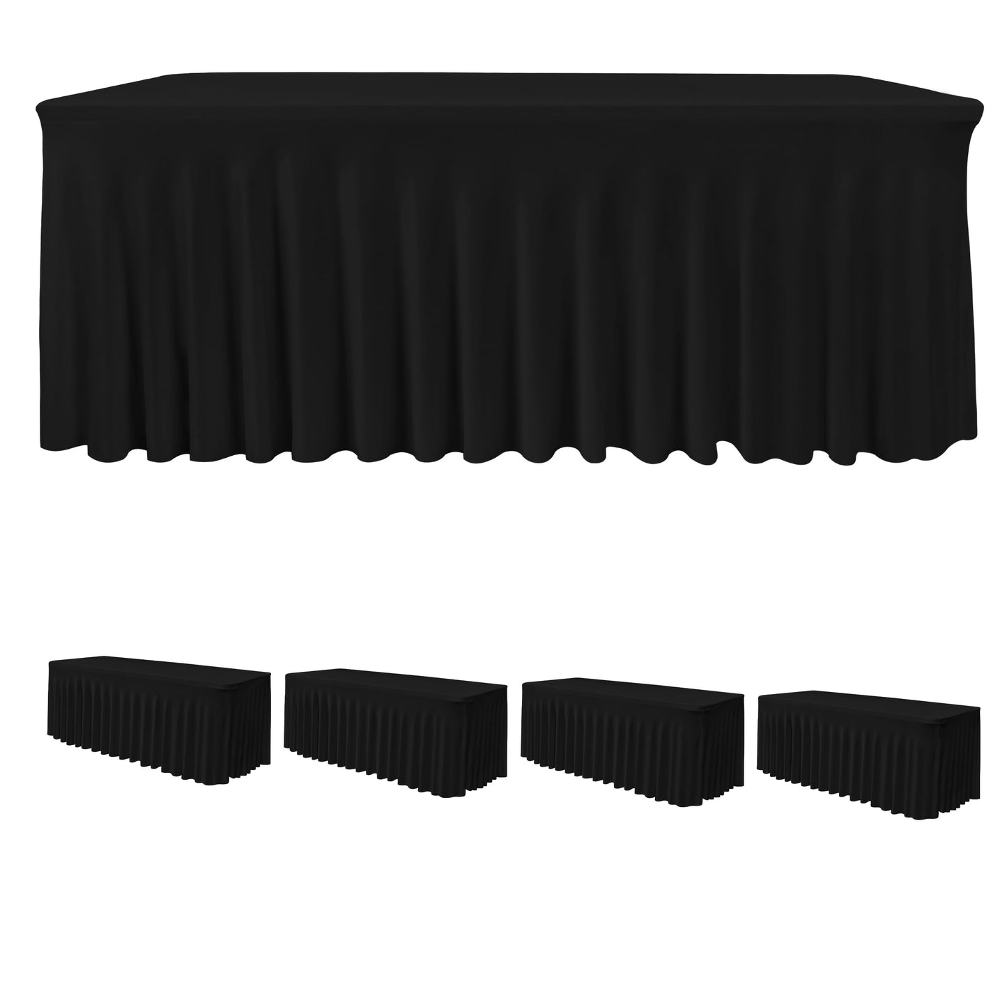 HolidayIdeas Black Spandex Table Skirts for Rectangle Tables 6ft, Fitted Stretch Table Cover 30x72 Inch, Wrinkle-Free Ruffle Design Tablecloths for Banquets,Trade Shows, Parties, Events, 4 Pack