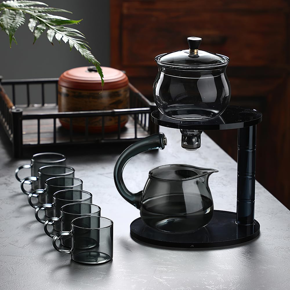 Lazy Kungfu Drip TeaPot, Heat Resistant Tea Set, Semi-Automatic Glass Teapot Suit for Magnetic Water Flow Wooden Glass Teapot Set (Bamboo Glass handle)