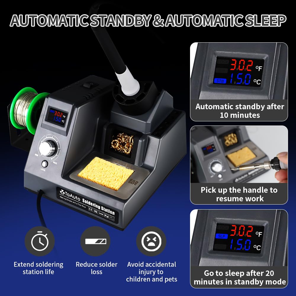 TOAUTO DS90 Soldering Station-°F & °C Dual Digital Display Soldering Iron Station Kit,90W Soldering Iron,302℉- 842℉ Temperature, Anti-Static Design & Grounding Wire, Auto Standby & Sleep,5 Solder Tips