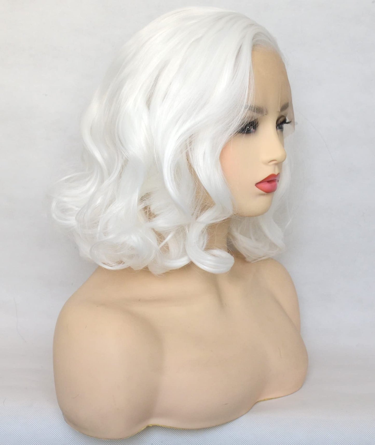 BLUPLE White Lace Front Wig Short Wavy Bob Style Platinum White 1001# Loose Wave Curly Synthetic Hair Side Part Half Hand Tied Replacement Full Wigs 12 Inches for Women Girls