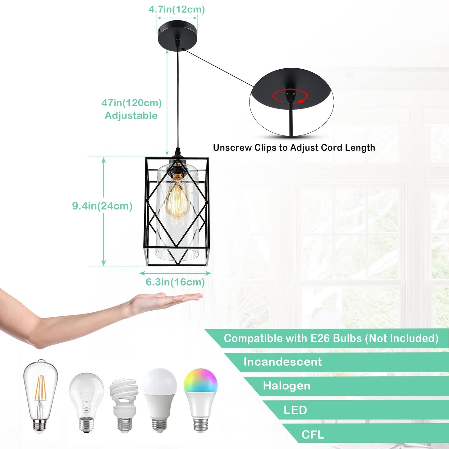 HMVPL Farmhouse Pendant Light Fixtures, Set of 2 Black Farmhouse Hanging Chandelier Lights with Glass Shade, Mini Industrial Ceiling Lamp for Kitchen Island Dining Room Over Sink Hallway Bedroom