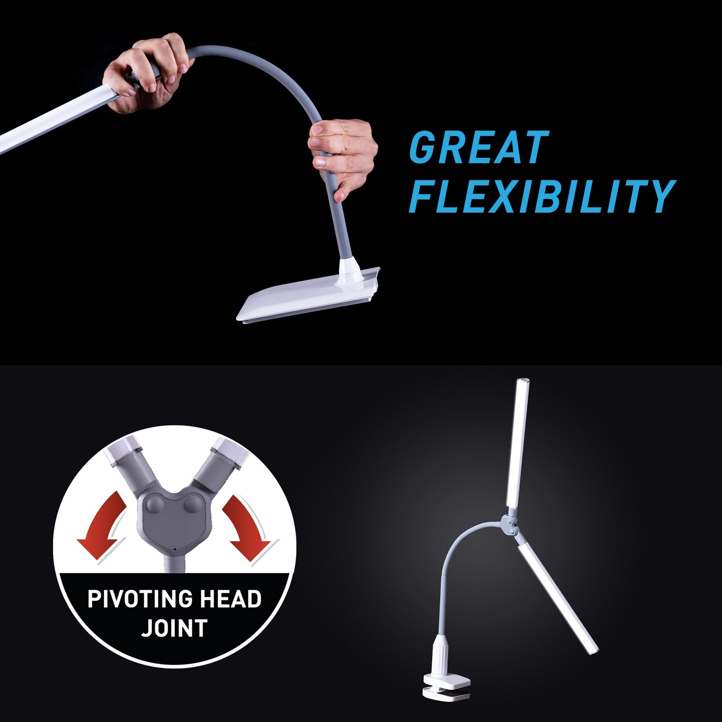 daylight DuoPro Clamp LED Lamp - 6,000K, 2,100 Lux at 12", 4 Brightness Levels, Anti-Glare Shades, Adjustable Arm, Slim Design, Perfect for Sewing, Reading, Crafts, Beauty Treatments - Grey/White