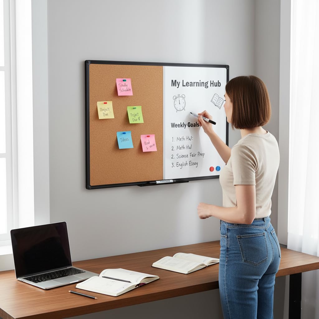 DexBoard 36 x 24 Inch Cork & Dry Erase Combo Board - Magnetic Whiteboard & Bulletin Board Combination - Hanging or Wall-Mounted for Office, Classroom, Home - Black Aluminum Frame