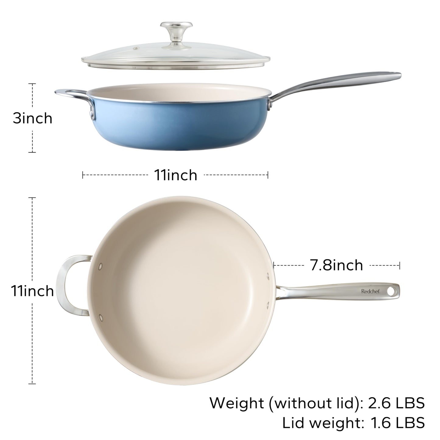 Redchef Ceramic Saute Pan with Lid, Nonstick Deep Frying Pan, 5QT Jumbo Cooker with Helper Handle & Lid, Non Toxic Ceramic Cooking Pan, Chef Pan, Dishwasher & Oven Safe, PFAS PFOA & PTFE Free（Blue）
