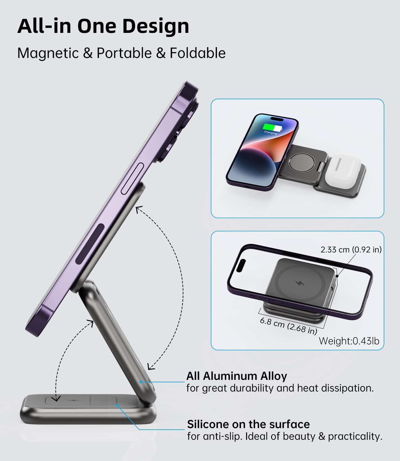 Foldable Magnetic Wireless Charger, KU XIU X40 Aluminum Alloy 3 in 1 Charging Station for Apple, Fast Magnetic Charger Stand for iPhone 17 16 15 14 13 12 Series, 5W for iWatch, AirPods 3/2/Pro, Gray