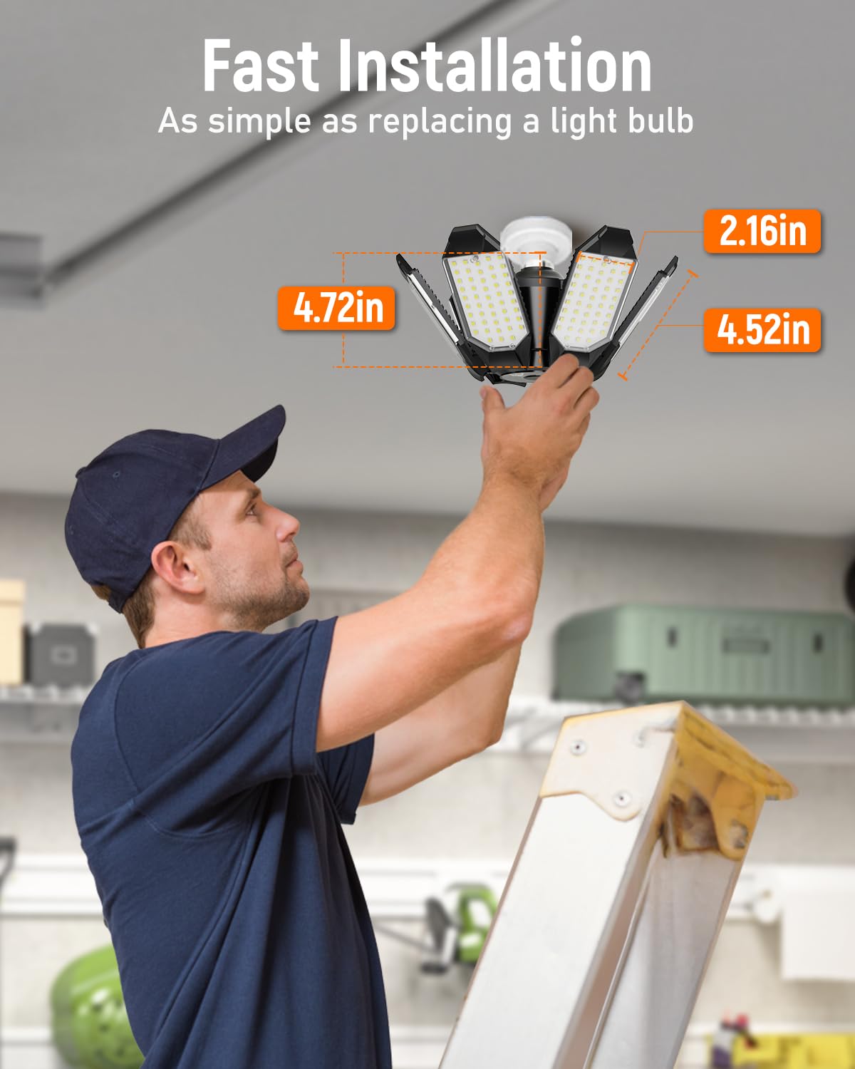 Adiding LED Garage Ceiling Light, 4 Pack 40000Lm Bright Screw into E26 E27 Socket LED Basement Lighting w/ 6+1 Deformable Panels Shop Light 6500K for Pole Barn Workshop Attic Porch Storage Room