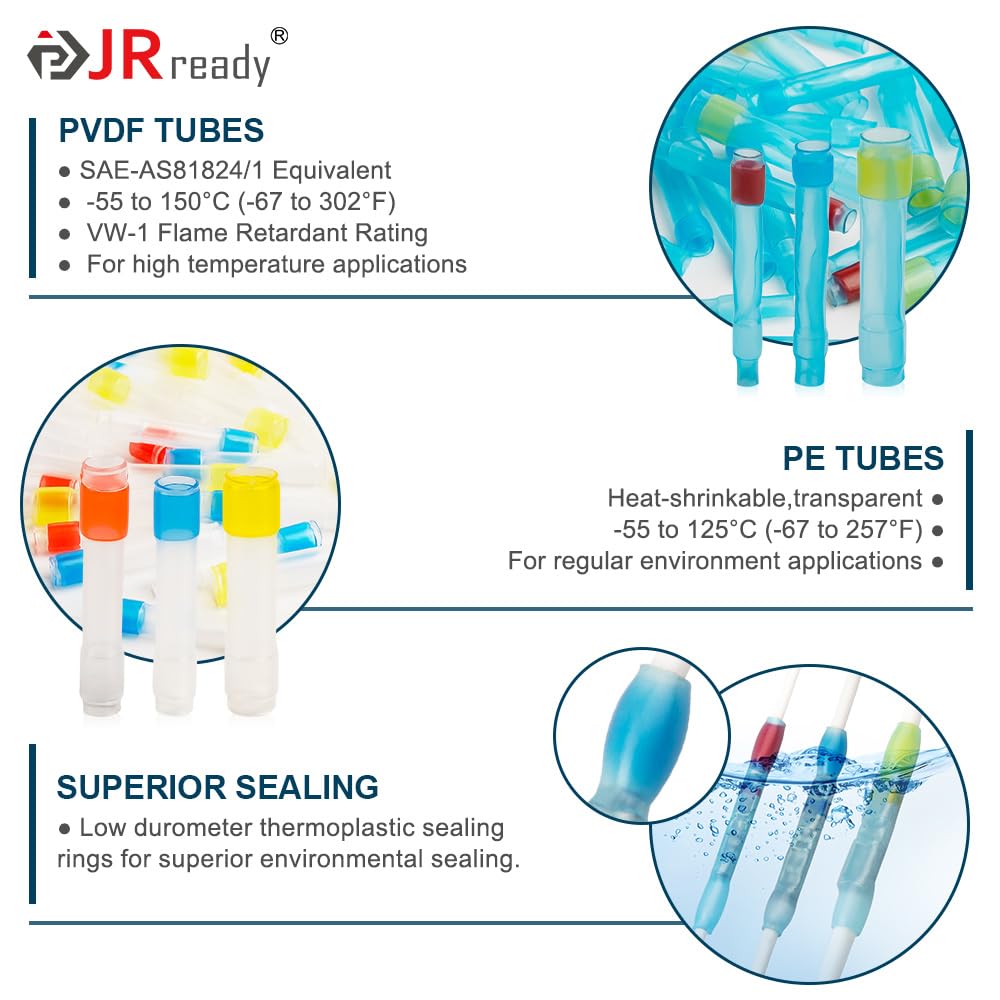 JRready ST6385-20-50 Red Heat Shrink Butt Splice Connector 26-20 AWG (M81824/1-1 Equivalent), Waterproof Non Insulated Butt Connectors with Copper Splice Connectors and PVDF&PE Heat Shrinkable Tubes