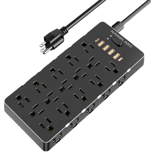 20 Amp Power Strip Surge Protector,Straight Plug Heavy Duty 12 Gauge Cord 6.5 ft,2000W 25 AC Outlets,6 Fast USB Ports,4000 Joules Protection,Office Workshop Household Garage Black