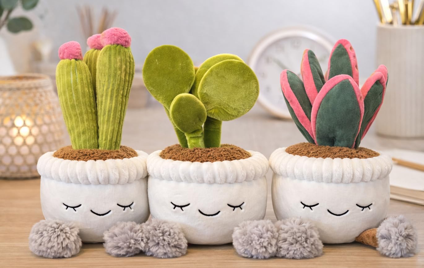 12 Inch Soft Plush Potted Plant Set of 3 Rubber Tree, Cactus and Oyster. Perfect as a Home Decoration or Office Gift (Succulents)