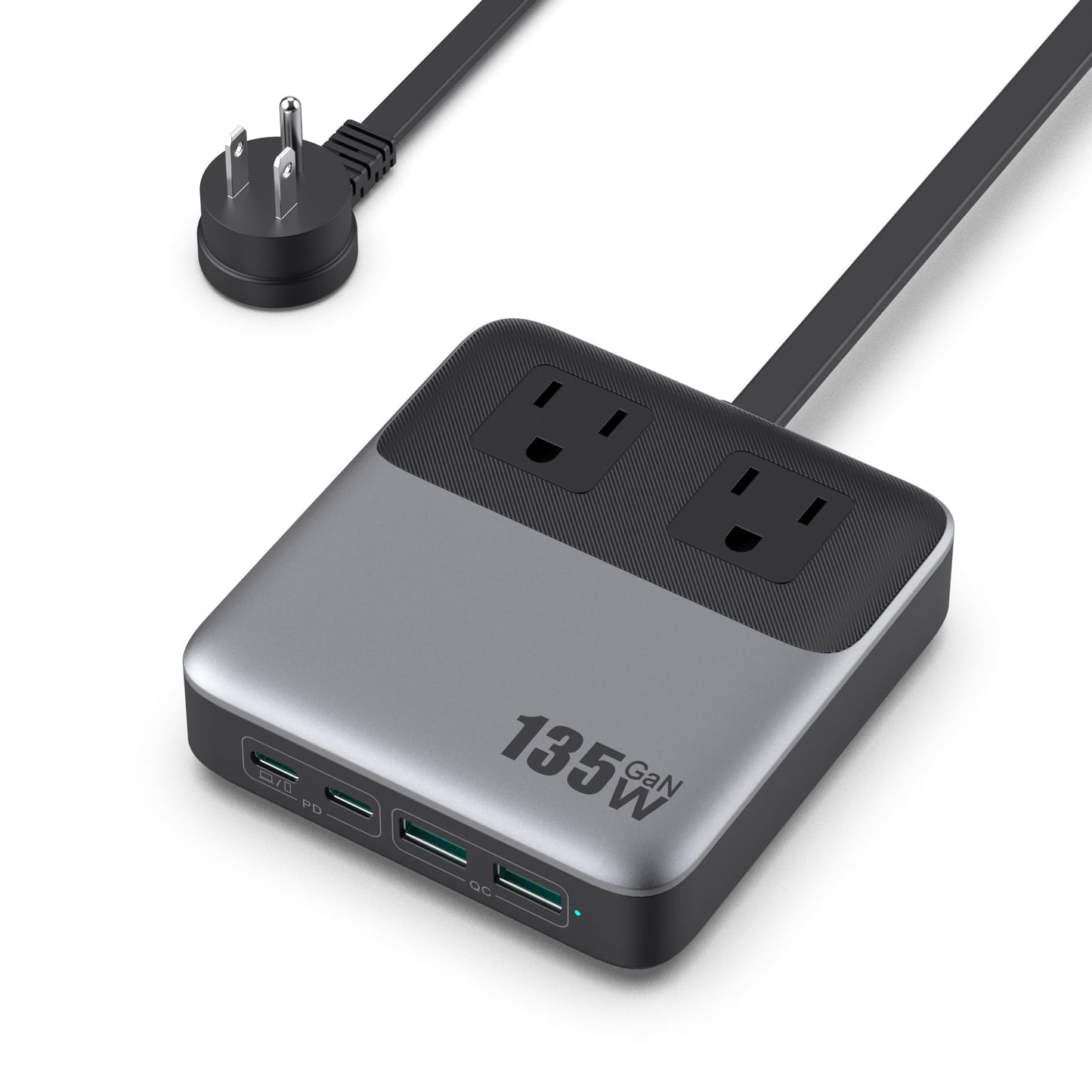 USB C Charger Block,135W GaN IV Fast Charging Station Hub,6-in-1 USB C Power Strip with Flat Plug and 5ft Cord,2 AC,2 USB A,2 USB C,PD 65W Laptop Charger for MacBook Air/Pro,iPhone16/15,Galaxy S24 etc