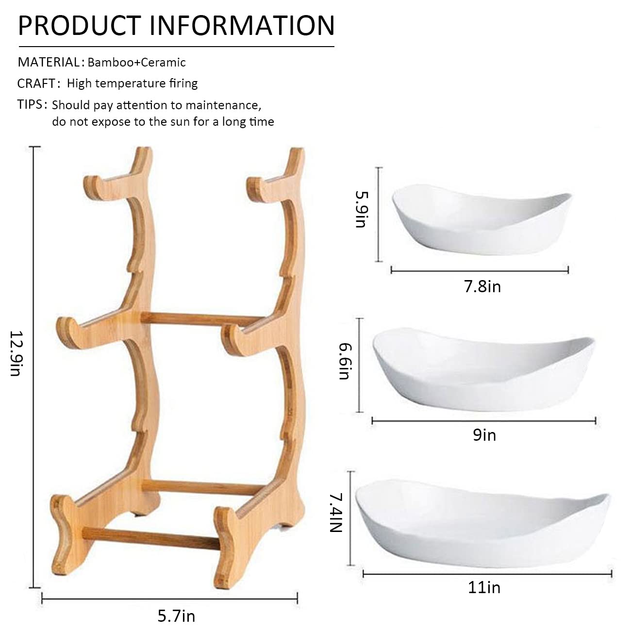 Liywall - 3 Tier Ceramic Fruit Bowl With Bamboo Wood Stand for Kitchen Counter,Porcelain Fruit Basket for Vegetable Storage,Snack Dessert Cake Tray Plate Rack for Party Wedding - White