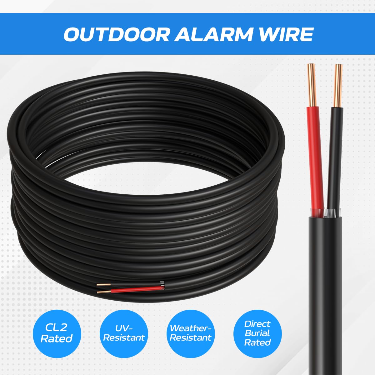 Cables Direct Online 18-Gauge Outdoor Alarm Wire, 500 Ft, Black 18 AWG, 2 Conductor, Copper Clad Aluminum, Solid Bulk Security Cable | CL2 Rated, Direct Burial, UV & Weather Resistant for Exterior