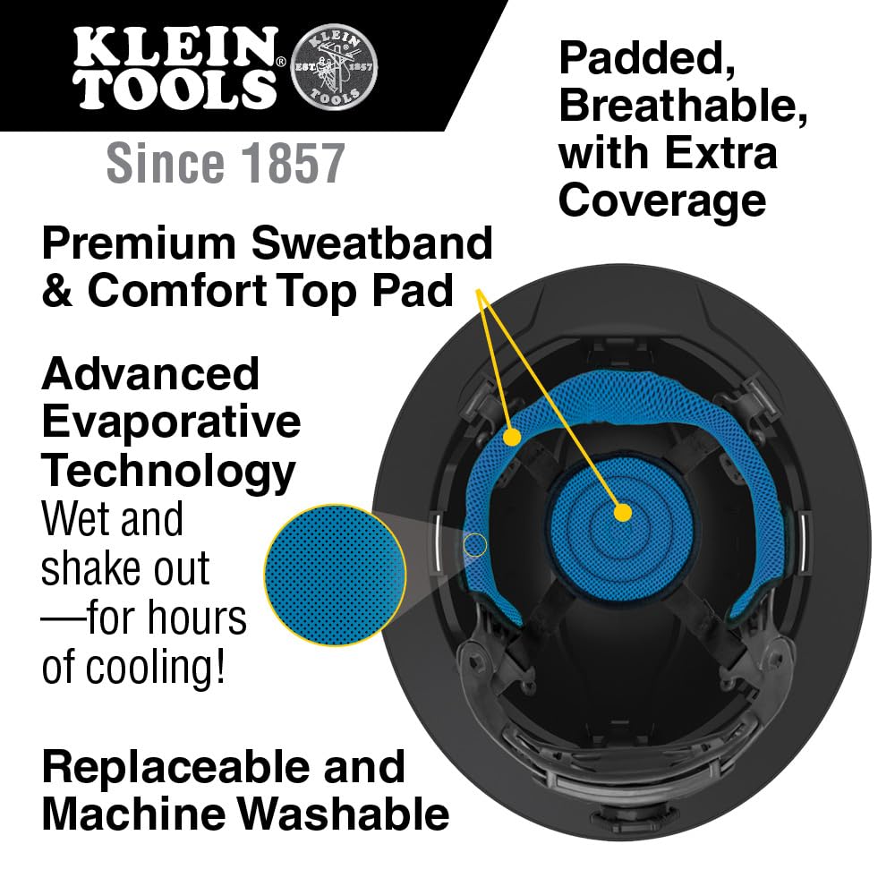 Klein Tools Hard Hat, Non-Vented Full Brim, Premium KARBN Pattern, Class E, Tested up to 20kV, Padded Sweat-Wicking Sweatband, Top Pad