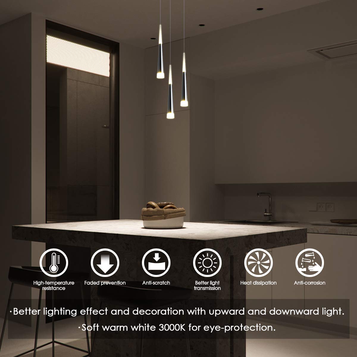 BEWAMF 3 Pack Modern Mini Island Pendant Light with Acrylic Shade LED Adjustable Cone Contemporary Pendant Lighting for Kitchen Island Dining Room Living Room Bar,Warm White 3000K