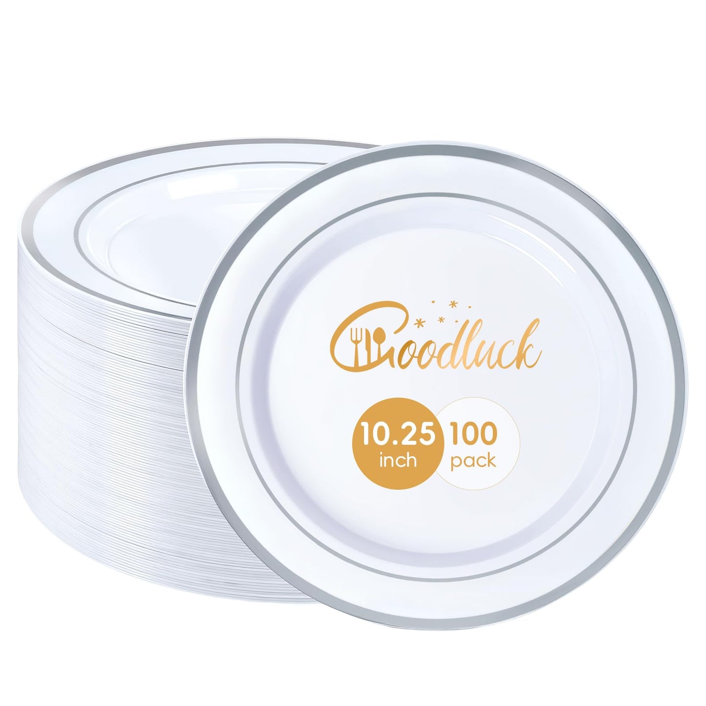 Goodluck 100PCS Silver Plastic Plates, 10.25 Inch Dinner Plate with Silver Rim, Heavy Duty Disposable Plastic Plates for Party, Wedding, Birthday & Daily Use