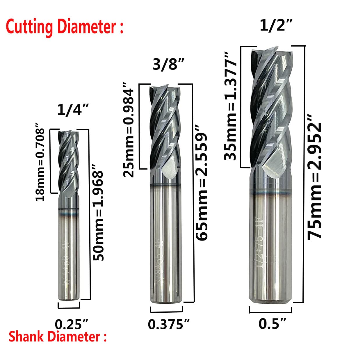 5pcs 1/4”, 3/8”, 1/2”, 5/8”, 3/4” Carbide Square End Mill, HRC 45 Deg Single End 4 Flute AlTiN Coating Mill Bits (5pcs End Mill Set)