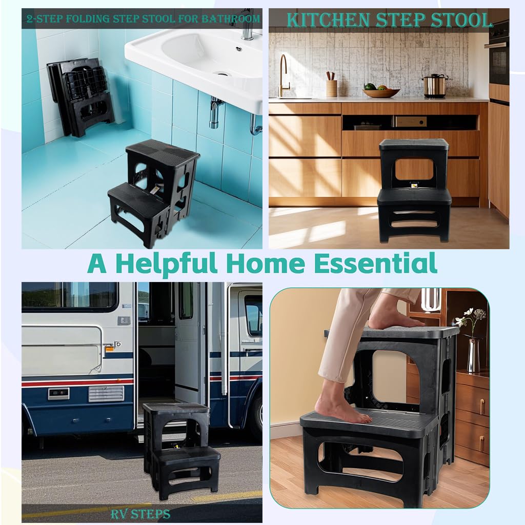 MavHubrix 2-Step Folding Stool Ladder,Non-Slip Portable Collapsible Step Stool for Kitchen Bathroom Home RV Closet Office, 16.5" Heights, Holds 300 lbs,Foldable Lightweight Design only 4.6Ibs (Black)