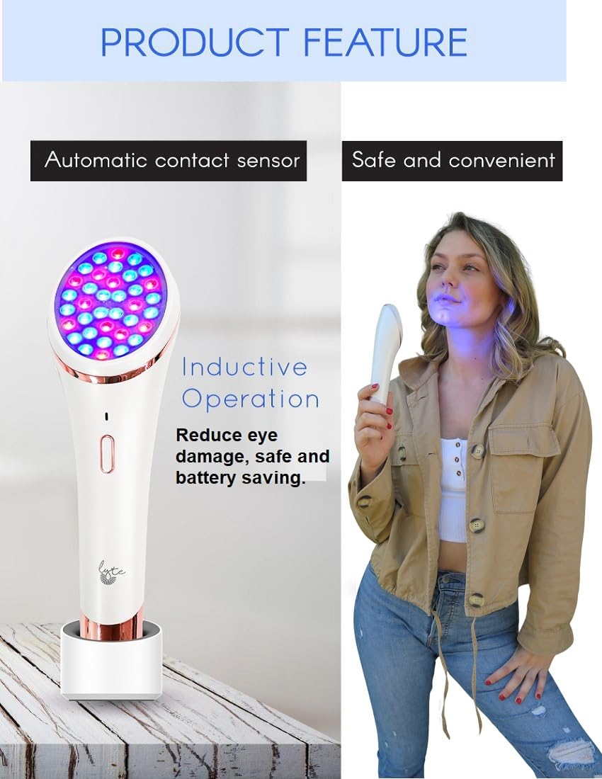 Lyte Wireless Duo LED Light Therapy Red & Blue Light Therapy Wand for Face Includes Hyaluronic Serum w/Automatic Sensor Wrinkle Reduction Facial Handheld Tool