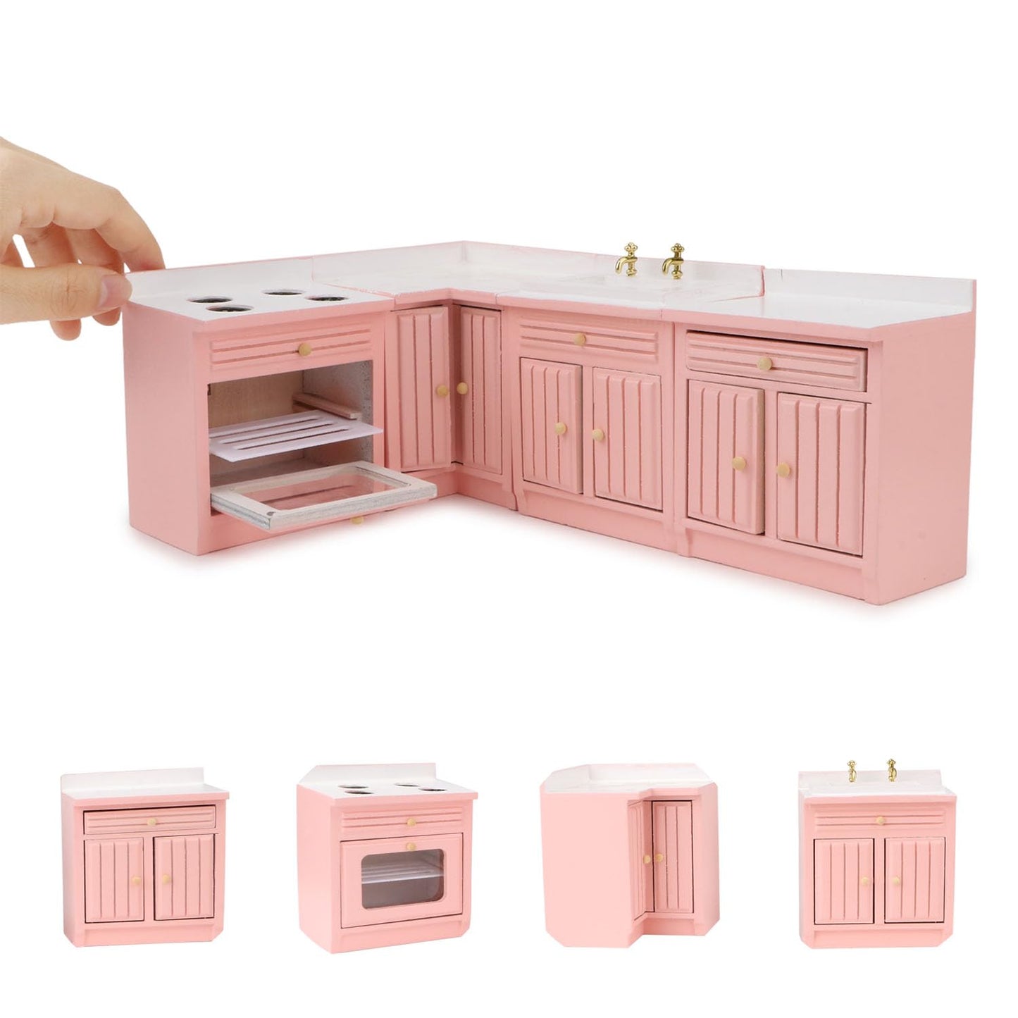 Miniature Furniture Dollhouse Kitchen Cabinets Set 1:12 Scale Wooden Model Freely Combined 4PCS Mini House Accessories Furnishings Kit Decoration Gift (Pink)
