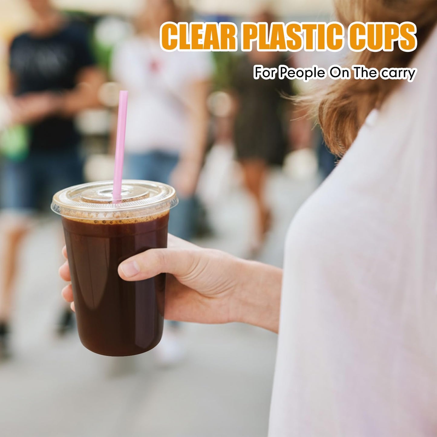 Ziliny 100 Pack 16 oz Clear Plastic Cups with Lids and Straws Disposable Iced Coffee Cups Round Bottom To carry Cup for Coffee Smoothie Cold Drinks Juice Milkshake Tea (Pink)