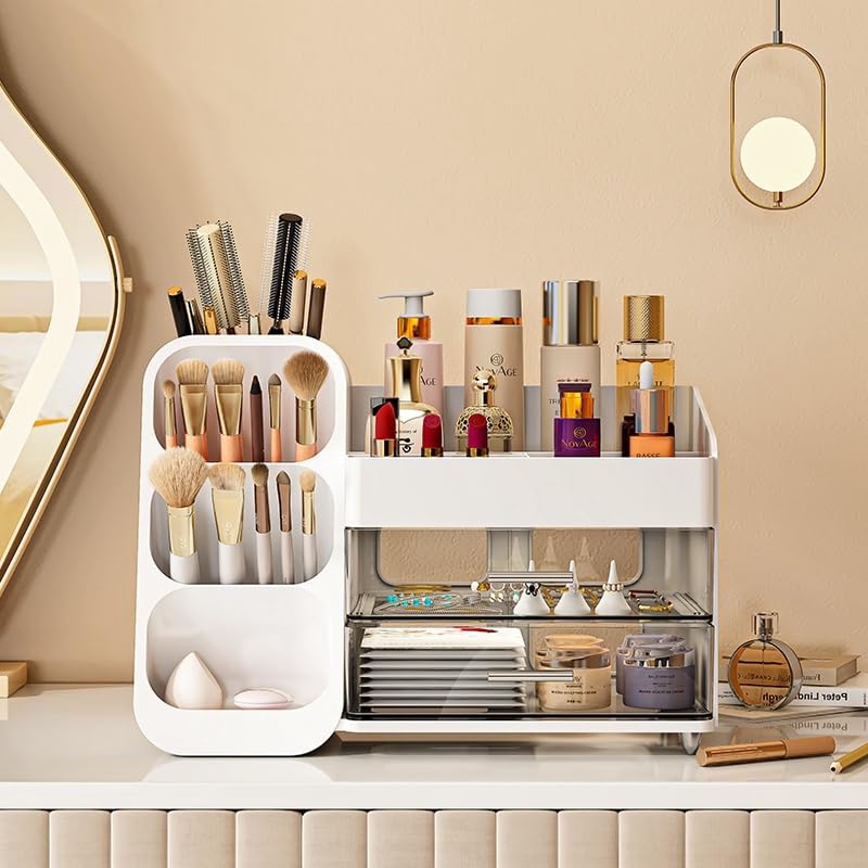 Makeup Organizer with Drawers for Vanity,Spacious Cosmetic Display Case,Perfect Storage Solution for Your Beauty Essential(White)