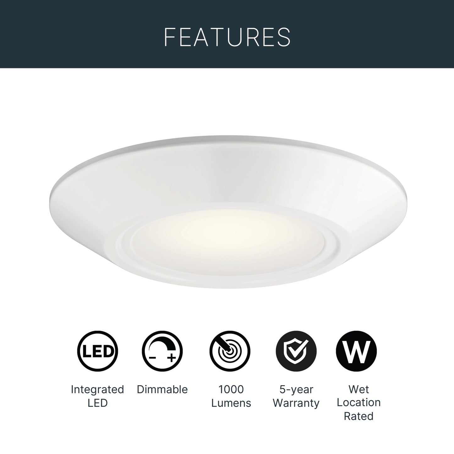 Kichler Horizon LED Downlight in White, 6.4" Flush Mount Interior Dimmable Light, 3000K, Wet Rated Integrated LED, (6.4" W x 1.3" H), 43873WHLED30, White