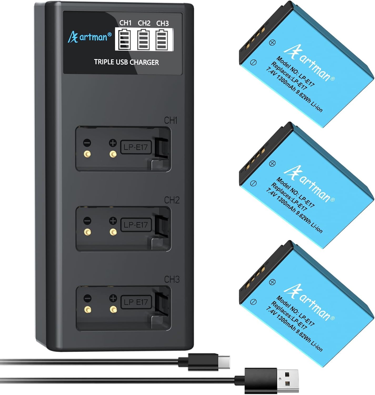 Artman 3-Pack LP-E17 Batteries 1300mAh and 3-Channel LCD Charger Pack for Canon EOS RP R10 R8 R50 Rebel T6i T7i T8i T6s SL2 SL3 EOS M3 M5 M6 200D 77D 750D 760D 800D 8000D KISS X8i Camera