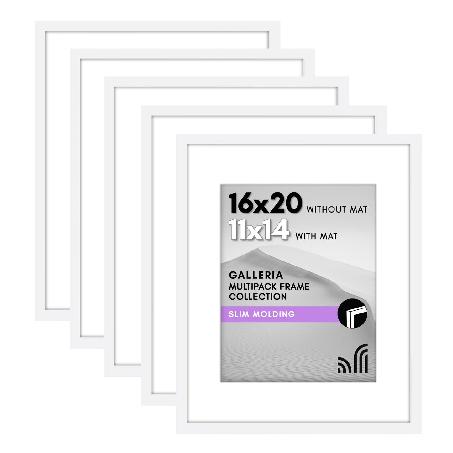 Americanflat 16x20 Picture Frame with Polished Plexiglass - Set of 5 - Use as 11x14 Frame with Mat or Display 16x20 Photo Without Mat - Galleria Collection - Picture Frames for Wall Display - White