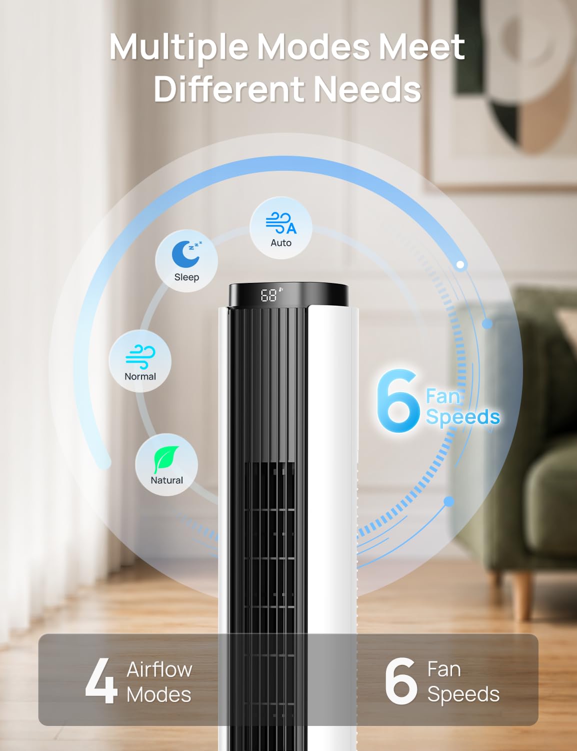 ZAFRO Tower Fan for Bedroom, 37'' Cooling Fans with 4 Modes 6 Speeds, 26 ft/s Velocity, 28dB Quiet for Sleep, LED Touchpad & 12H Timer, 90° Oscillating Floor Fans that Blow Cold Air, Black+White