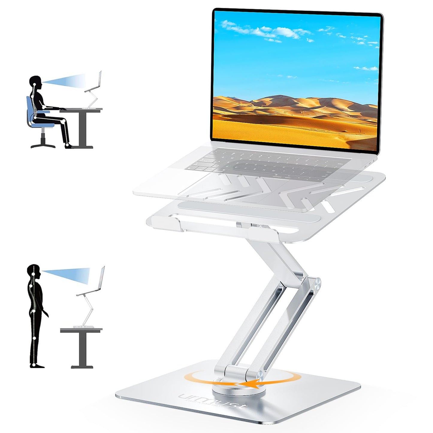 Urmust 360° Rotating Laptop Stand for Desk Adjustable Height, Ergonomic Laptop Riser Standing Desk Converter, MacBook Stand, Computer Lap top Riser Holder, Fits All Laptops 10-17"