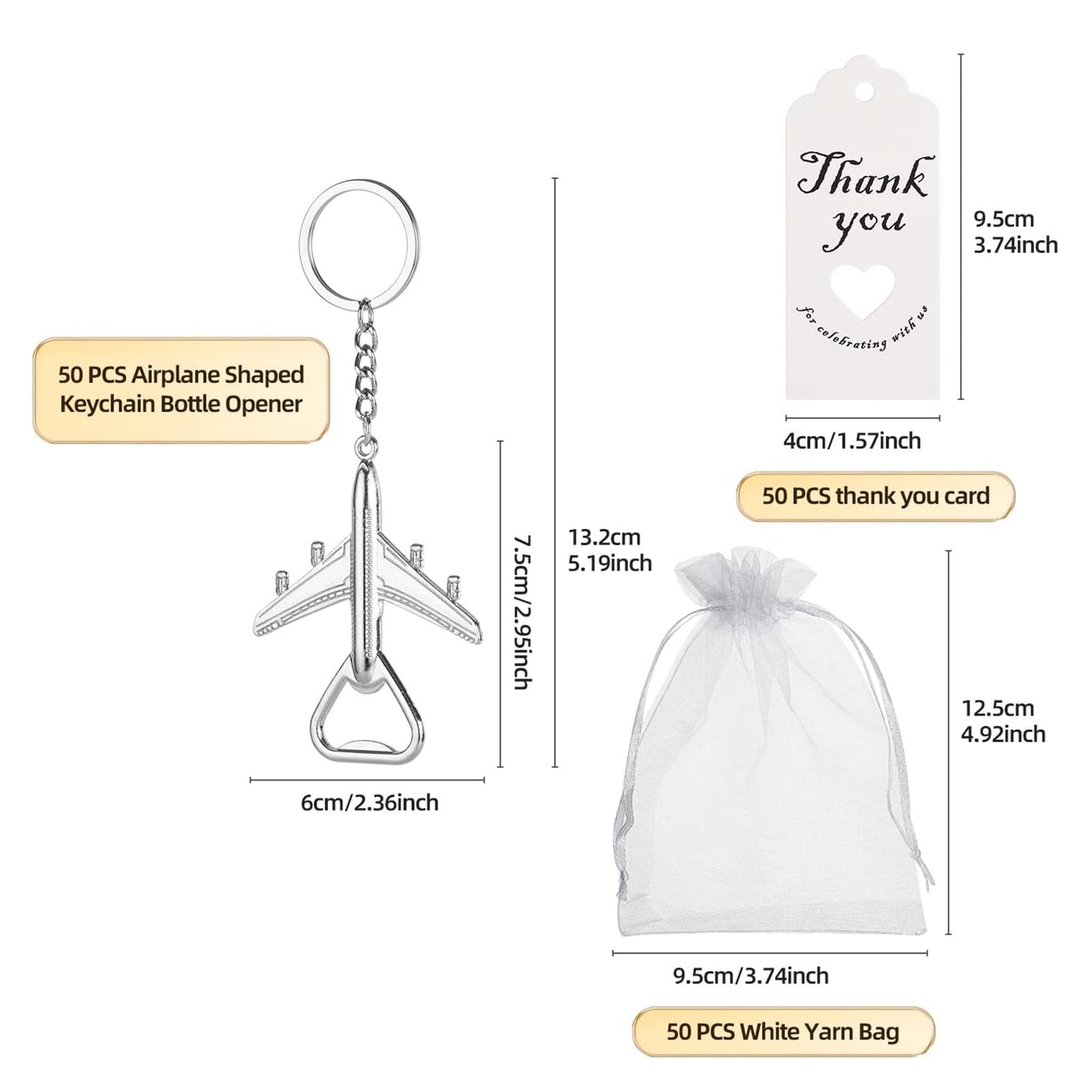 50Pcs Airplane Bottle Openers with Keychain & Keyrings for Wedding Favors, Bridal Shower Gifts for Guests or to make flight attendant gifts for a trip，Include White Sheer Favor Bag Thank You Card