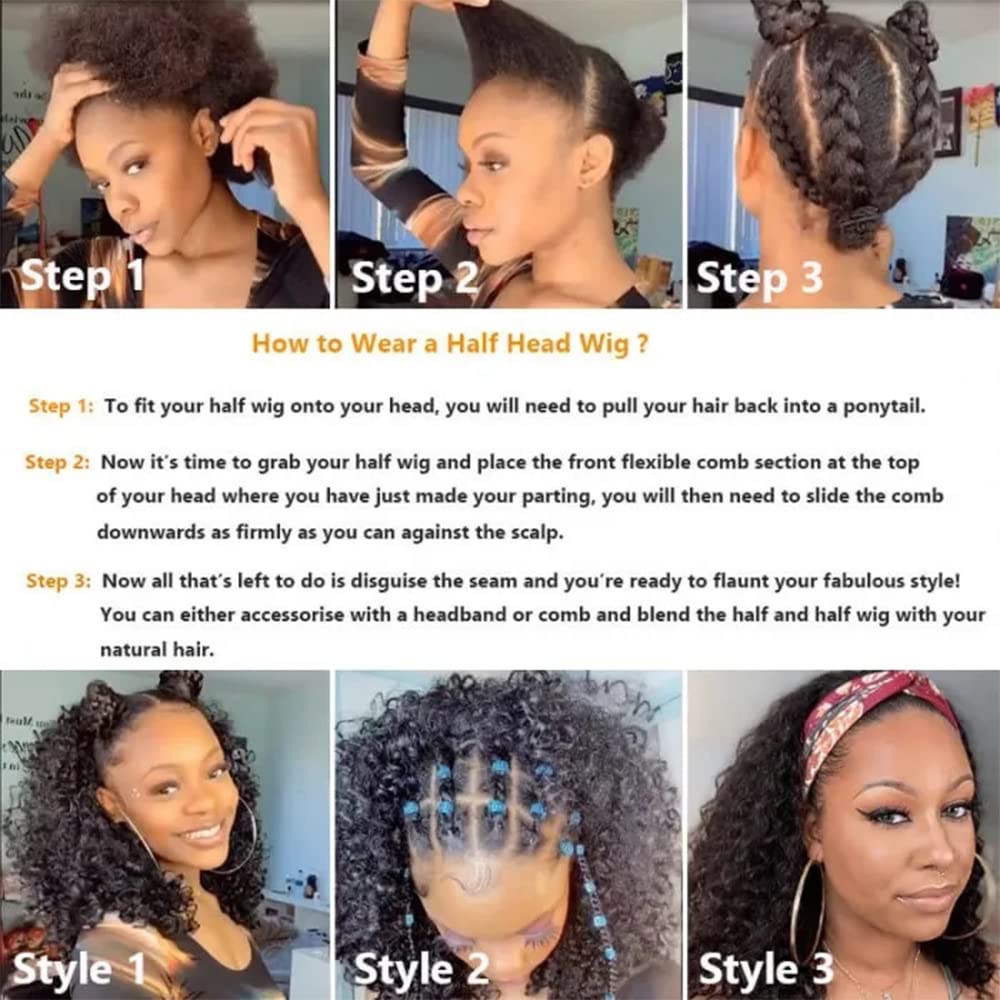Nadula Hair Afro Kinky Curly Half Wigs Human Hair for African American Women, 100% Virgin Human Hair Headband Curly 3/4 Half Wigs Glueless Wear and Go Beginner and Friendly 180% Density 16 Inch