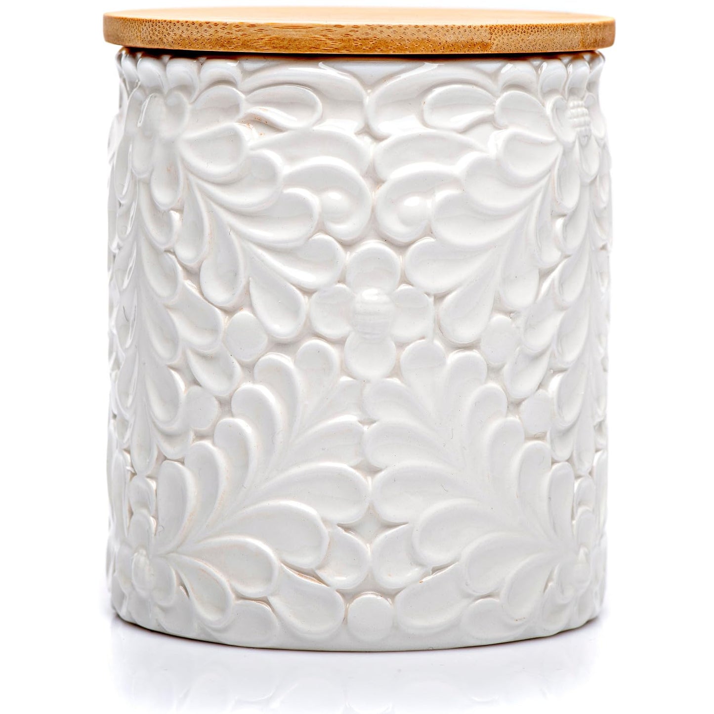 XXL 94 Oz Engraved Ceramic Kitchen Canister - Storage Jars with Airtight Lids Made from Bamboo with Nature-Inspired Engraving - Use as a Pasta Holder, Coffee Ground Holder, Rice Container, Candy Jar