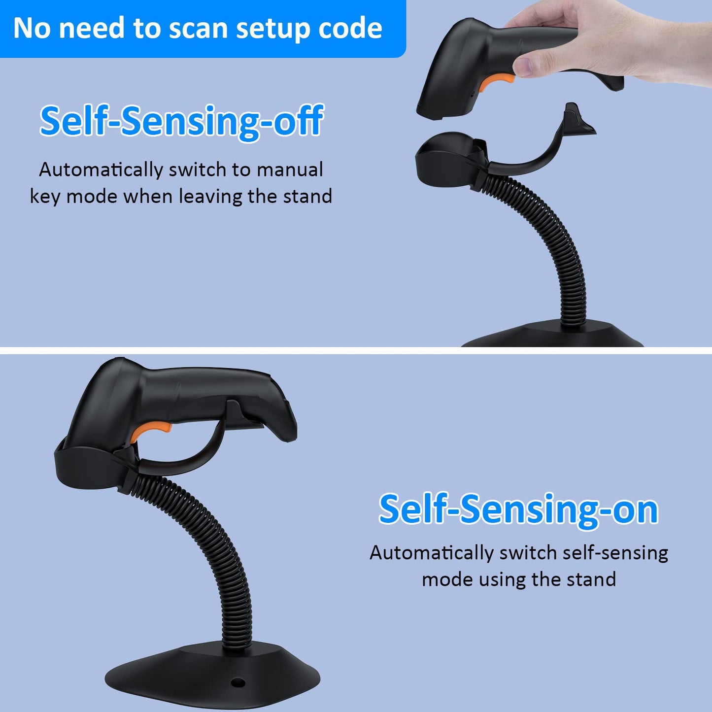 Symcode Bluetooth Wireless Barcode Scanner with Auto-Sensing Stand,Putting on Stand to Scan Automatically Sense Scanning 2D QR Bluetooth Barcode Scanner with Battery Level Indicator More-to-one Mode
