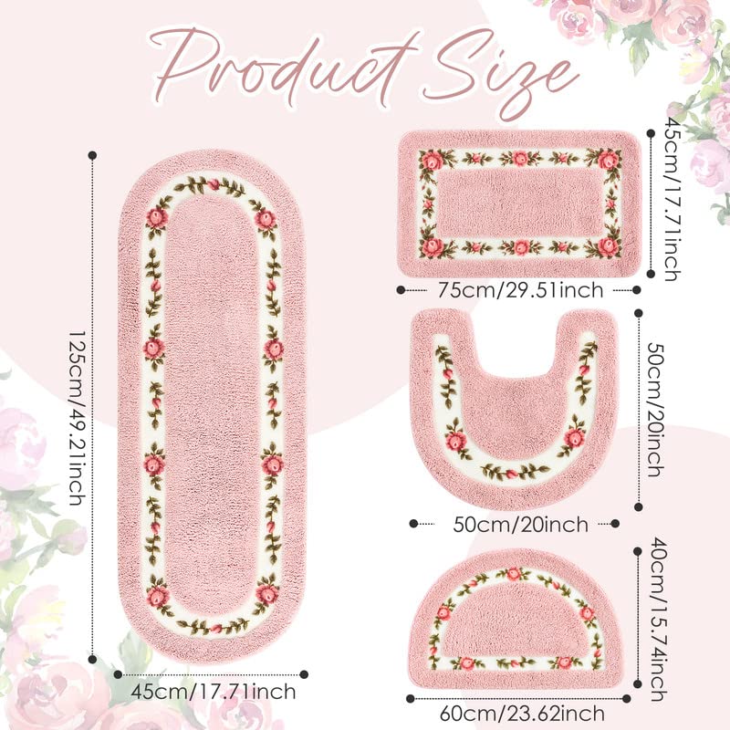 Timgle 4 Pcs Rose Flowers Coquette Bathroom Rugs Set Coquette Doom Decor Rose Flower Area Rugs Non Slip Absorbent Washable Door Mat Floral Bathroom Carpet for Home Hotel, 4 Shapes(Pink)