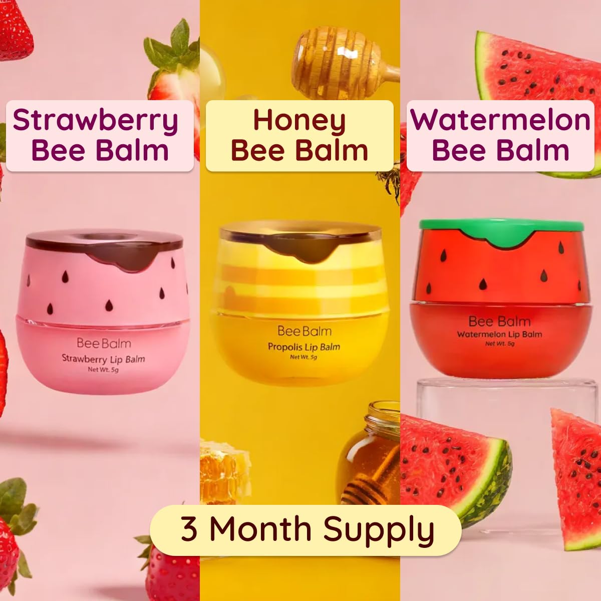 3 Pieces Lip Balm - Original BeeBalm in Watermelon, Strawberry, Honey - Hydrating Lip Care, Lip Butter for Dry and Cracked Lips, Propolis Honey Lip Mask, Lip Moisturizing & Sleep Mask
