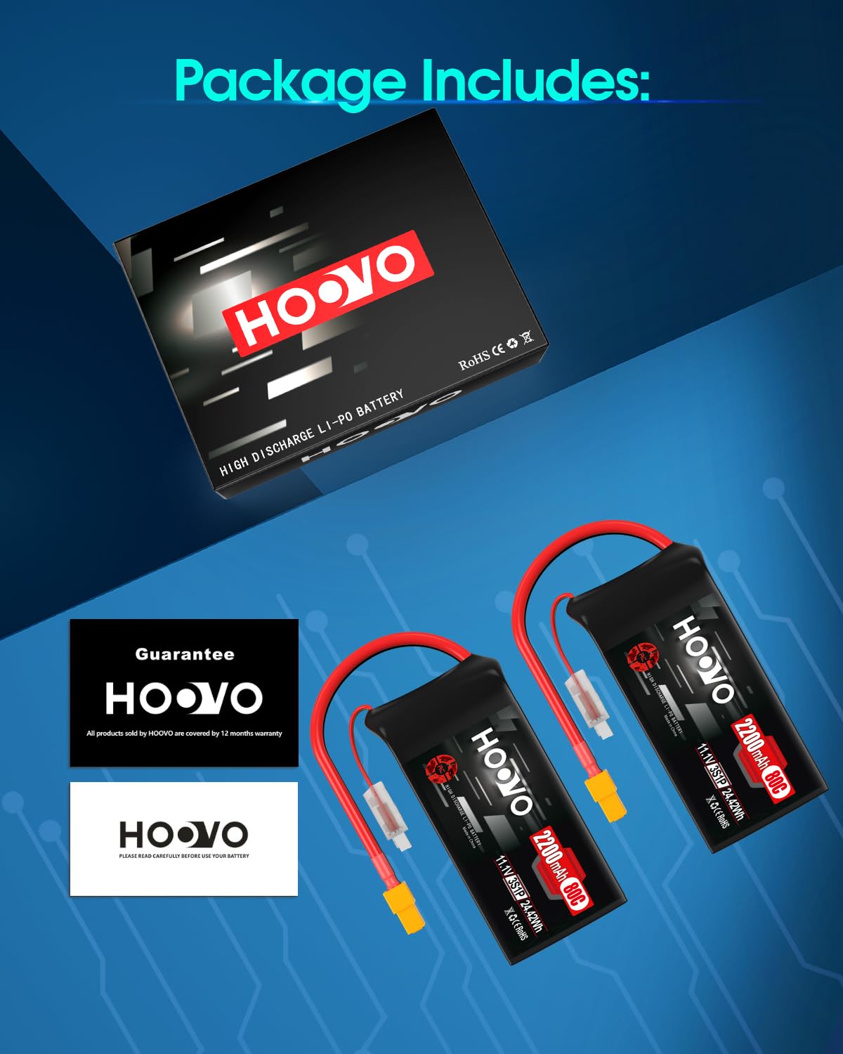 HOOVO 3S Lipo Battery, 2200mAh 80C 11.1V Shorty Lipo Battery Pack, Softcase with XT60 Connector Compatible with Drone RC Airplane Helicopter Quadcopter FPV RC Car,2 Pack