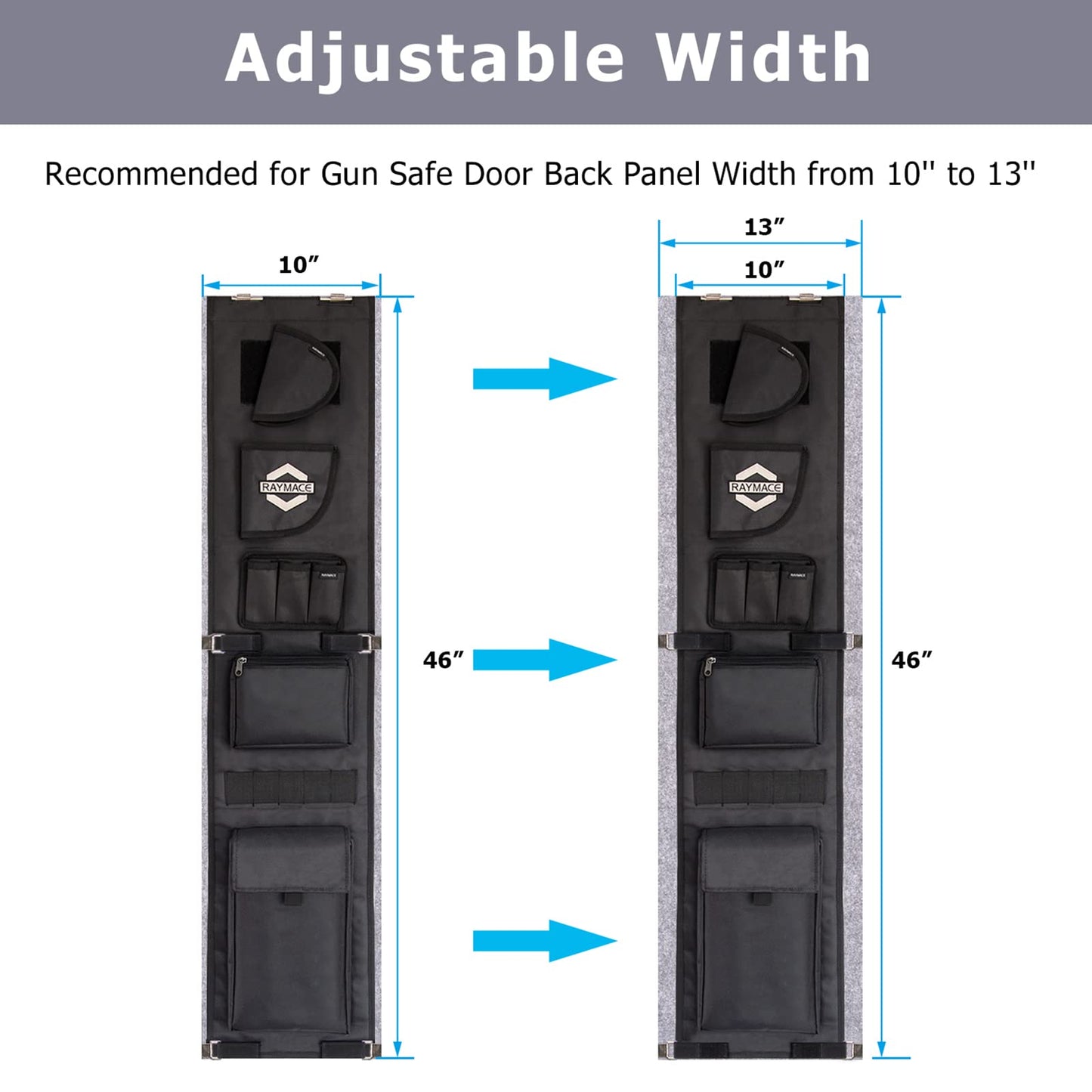 RAYMACE Gun Safe Door Panel Organizer 10W*46H inch，Adjustable Width to 13 Inch, Pistols and Documents Storage Solution