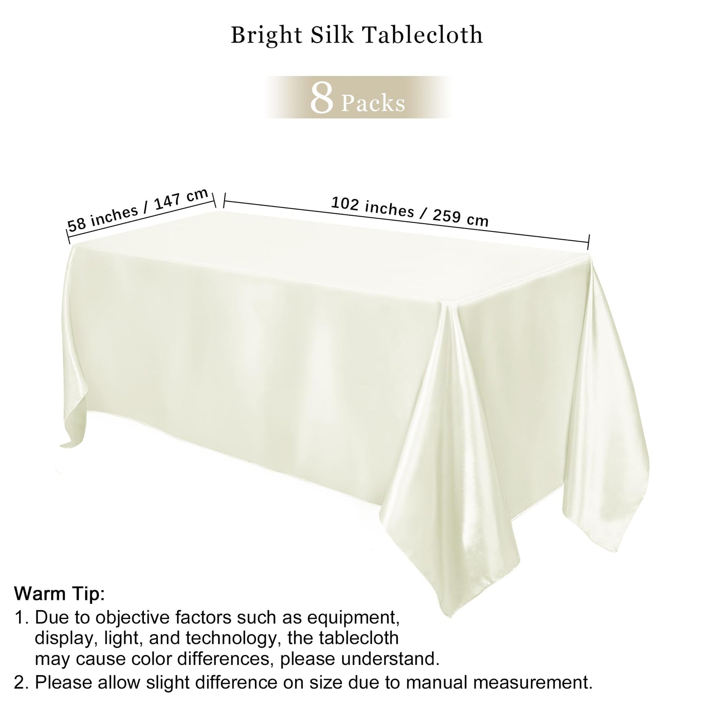 TURSTIN 8 Packs Ivory Satin Tablecloth 102 x 58 Inch Overlay Satin Table Cover Rectangle Bright Silk Tablecloth Smooth Fabric Table Decoration for Wedding Banquet Party Events