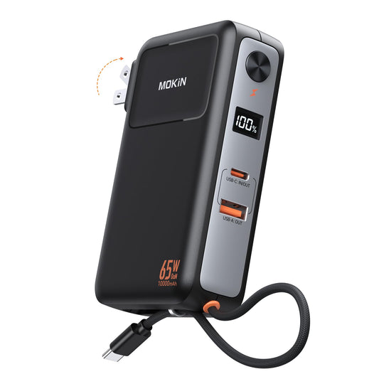 3-in-1 Power Bank with 65W Wall Charger,10000mAh 35W Portable Charger with Built in USB C Cable, 2 Outputs, Foldable AC Plug, Smart Digital Display, Fast Charging Battery Pack for iPhone,Laptop,iPad