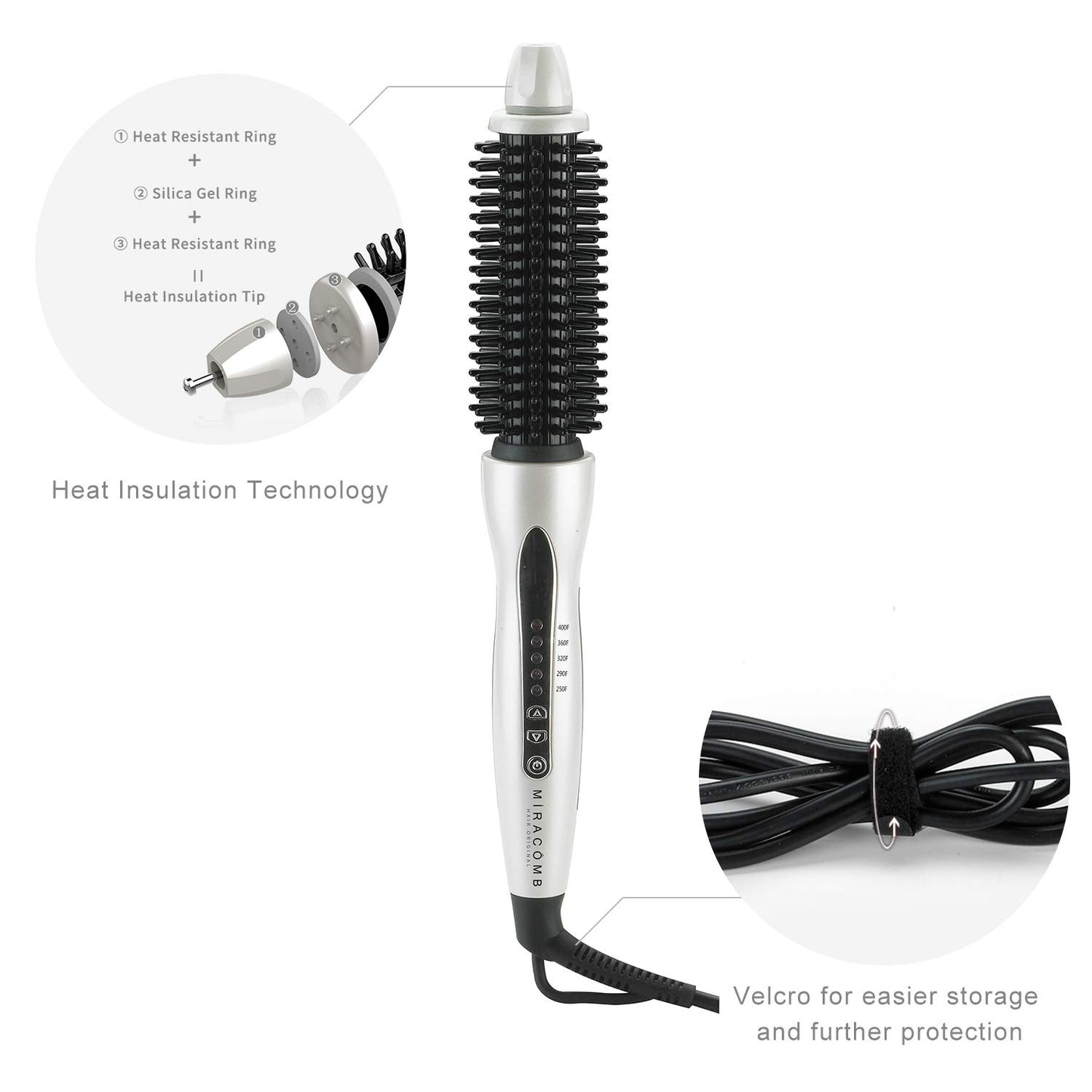 MIRACOMB Hair Curler Straightening Brush - Ceramic Tourmaline Flat Curling Iron - Cool Touch Round Brush PRO Multi Styler with 5 Heat Adjustments, 1 Inch Barrel, White (Enhanced)