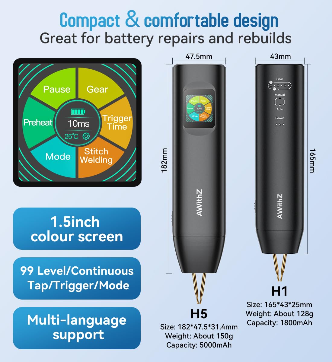 AWithZ H5 Upgraded 0.1-0.3mm Battery Spot Welder with Dual Pulse Output, 5000mAh 0.2mm Pure Nickel, 7-Language UI 99 Adjustable Levels Portable Spot welder for Making DIY Battery Packs