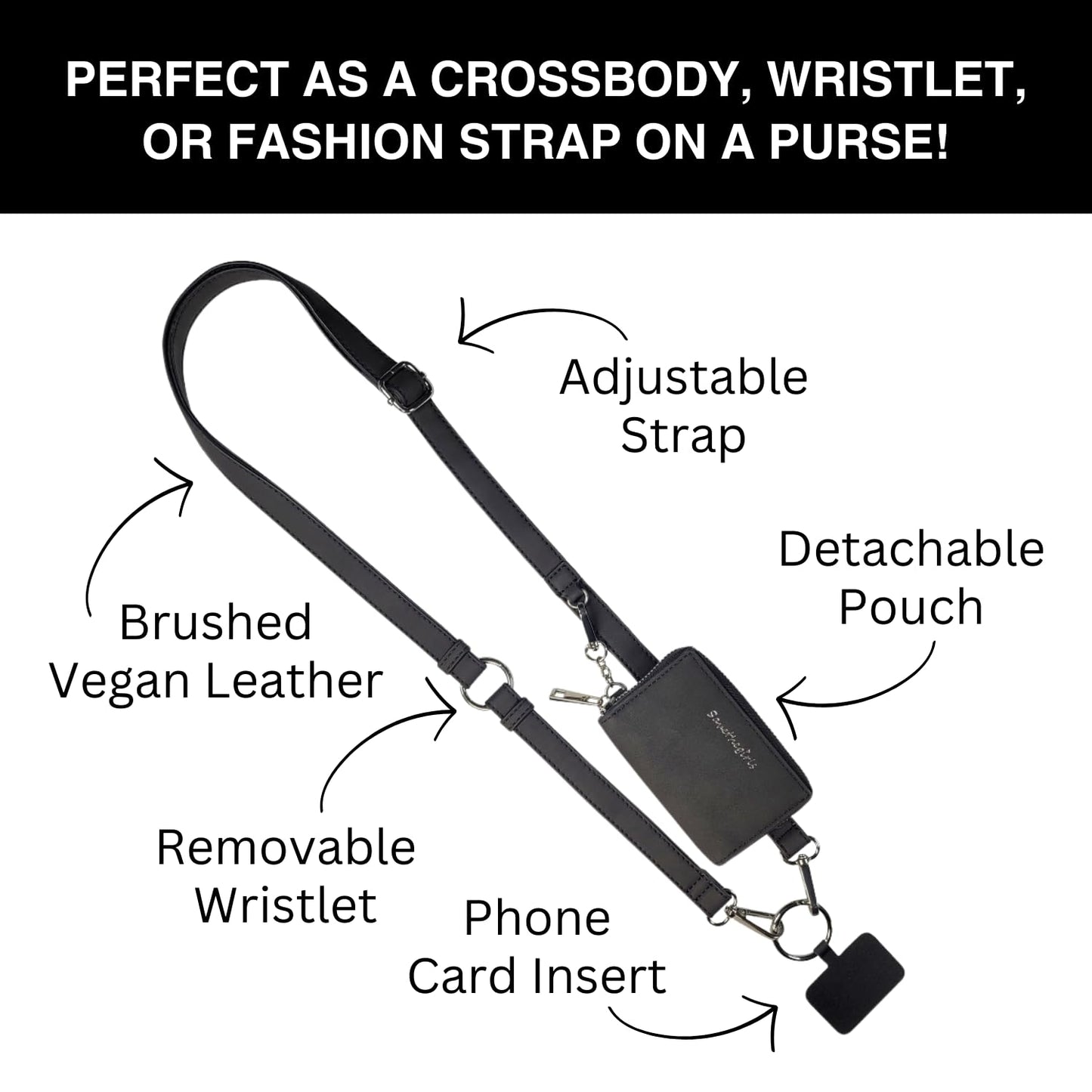 Save the Girls Clip and Go Brushed Vegan Phone Lanyard (Black) - Crossbody Phone Case with Pouch, Adjustable and Removable Shoulder Strap and Wristlet Strap