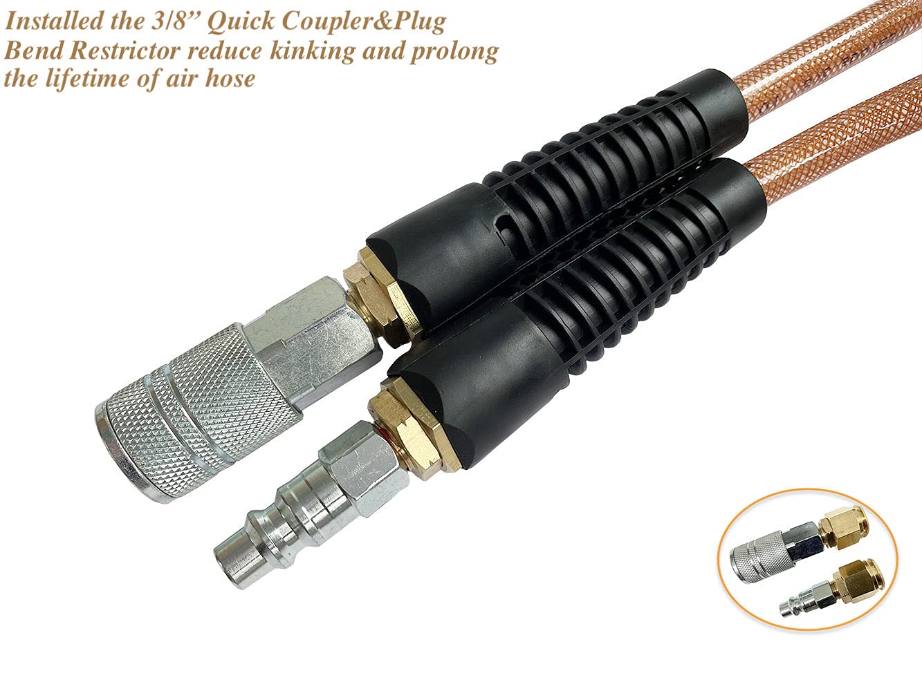 SANFU Polyurethane(PU) Reinforced 3/8”ID x 100ft Air Hose, 300PSI Wear Resistant With 3/8” Reassembled Industrial Quick Coupler and Plug, Bend Restrictor, Brown(100’)
