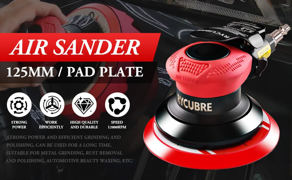 Pneumatic Air Sander – 5-Inch DA Palm Sander, High-Speed Random Orbital Sander for Woodworking & Auto Polishing (including 12 sandpaper + 4 polishing pads + accessories)