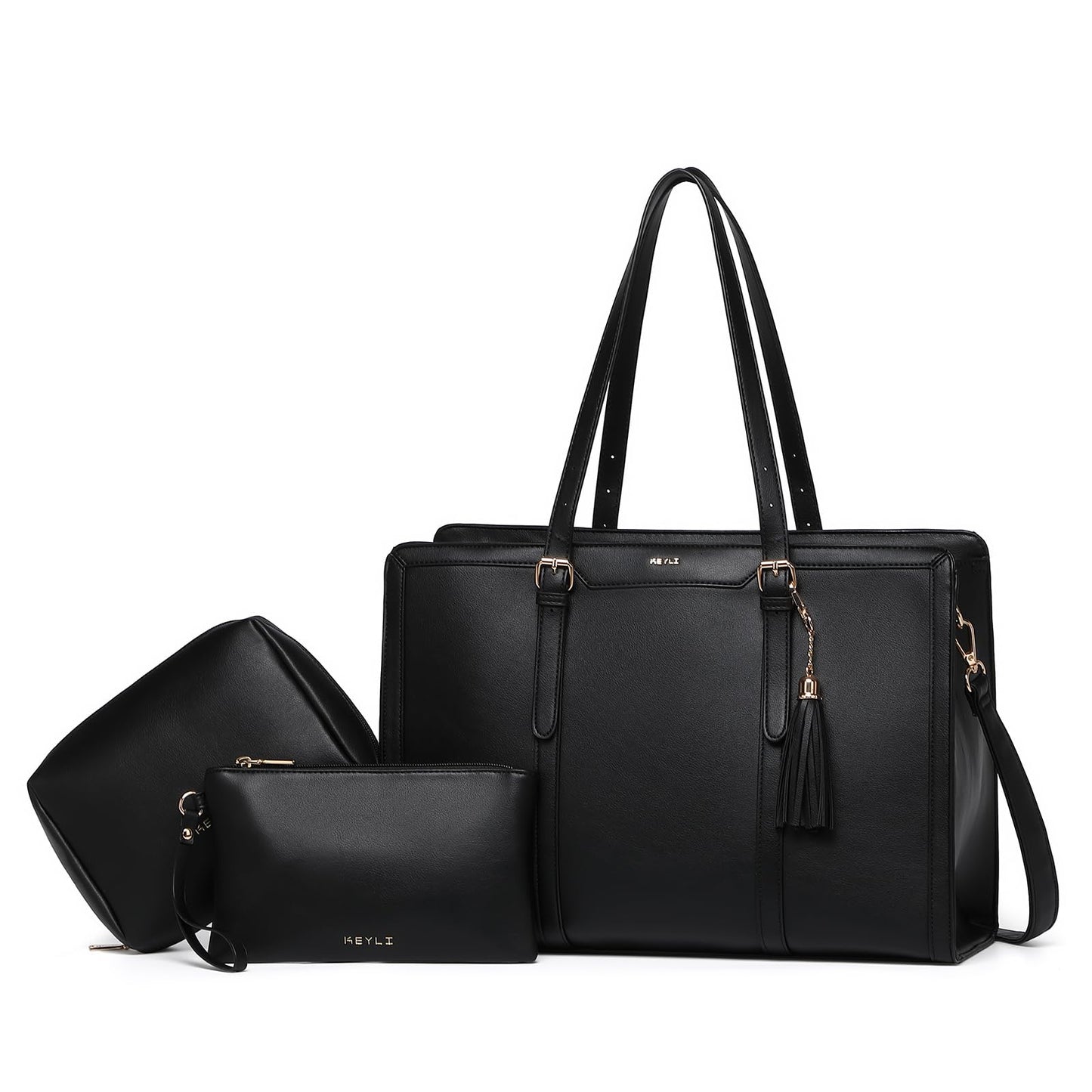 Keyli Laptop Bag for Women 15.6 inch Lightweight PU Leather Laptop Tote Bag, Large Capacity Work Briefcase Computer bag with Clutch Purse for Business, Work, Office, Travel, School Black 3PCS