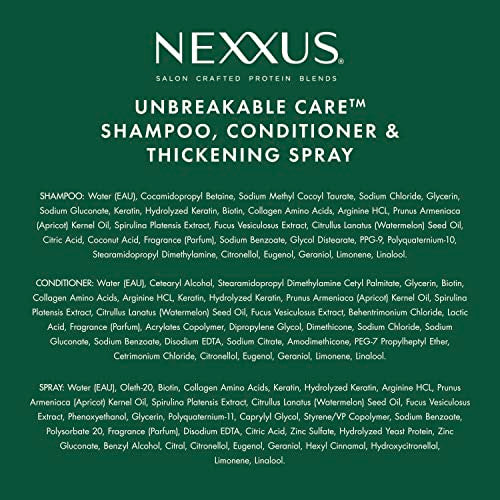 Nexxus Unbreakable Care Shampoo Conditioner and Leave-In Spray 3 Pack For Fine and Thin Hair with Keratin Collagen Biotin 13.5 oz 6 oz